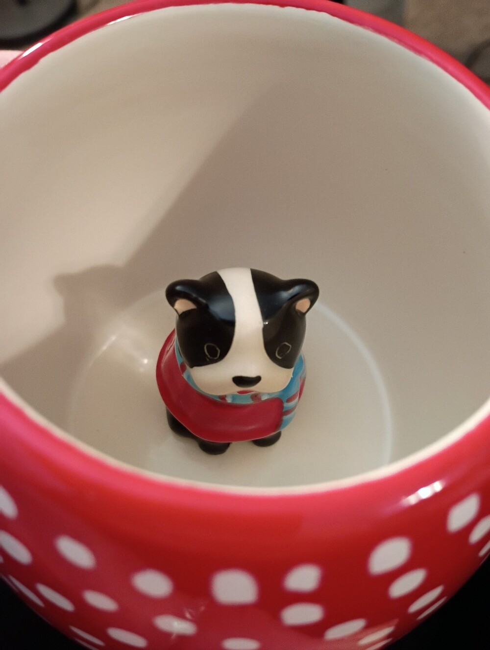 WorldMarket Boston Terrier Mug Peek-a-Boo Dog Red & White Polka Dots 14oz. Mug